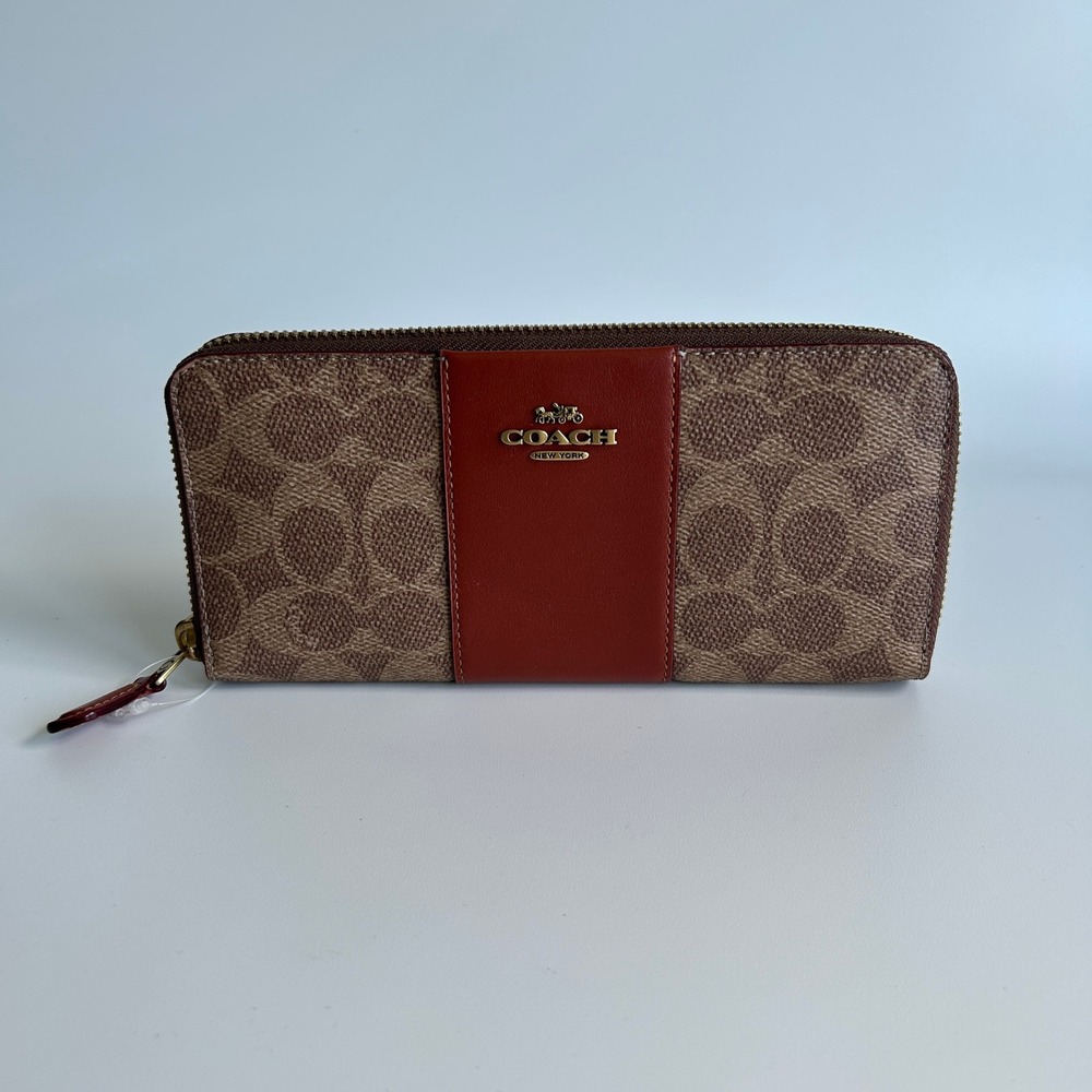 Coach Accordion Zip Brown Signature Canvas Red Leather Wallet Excellent
